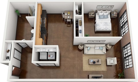 a layout of a bedroom with a bed and a bathroom